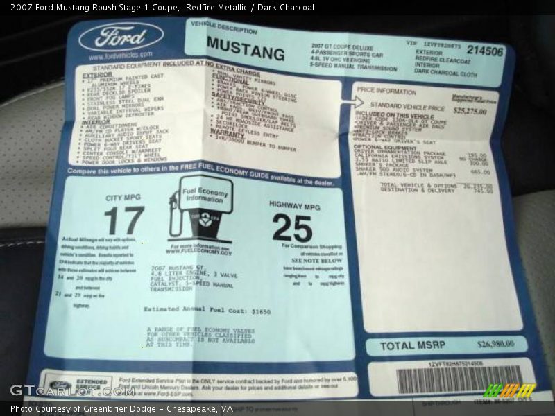 Redfire Metallic / Dark Charcoal 2007 Ford Mustang Roush Stage 1 Coupe