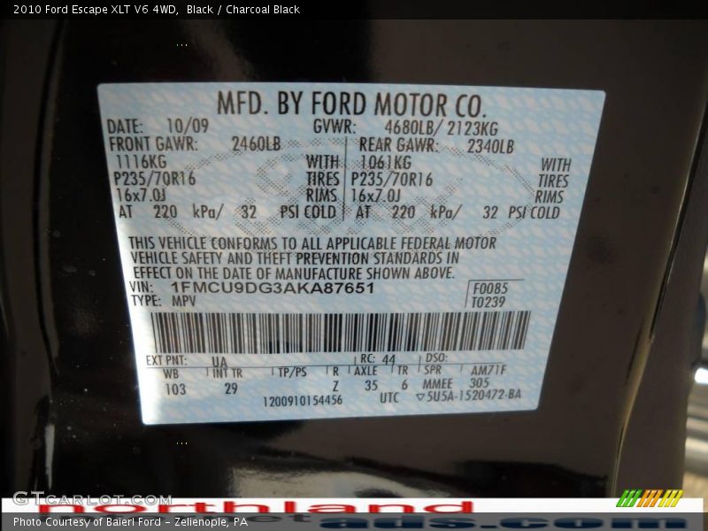 Black / Charcoal Black 2010 Ford Escape XLT V6 4WD