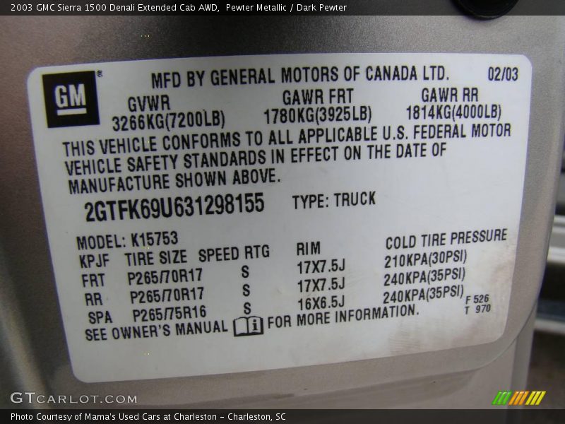 Pewter Metallic / Dark Pewter 2003 GMC Sierra 1500 Denali Extended Cab AWD