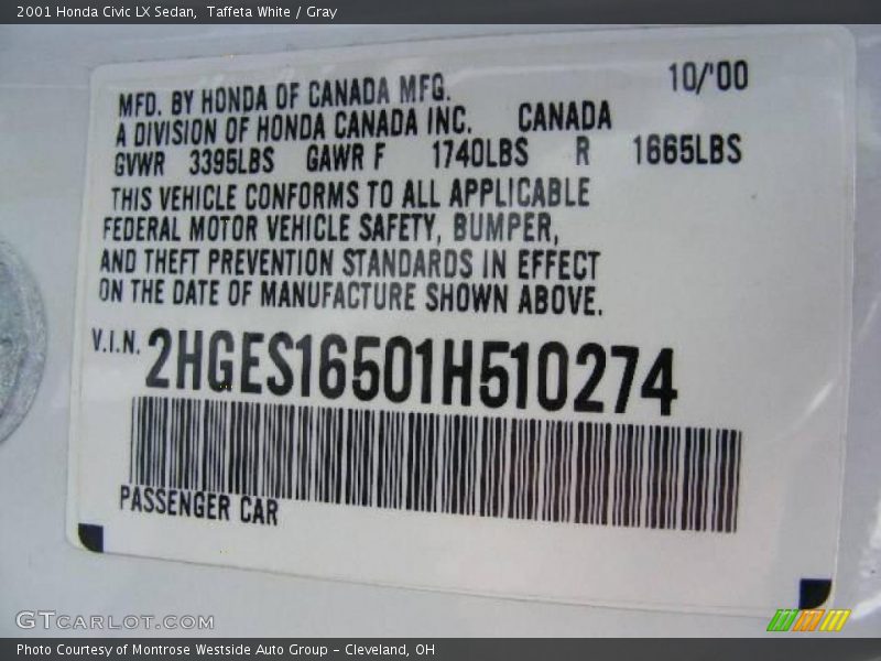 Taffeta White / Gray 2001 Honda Civic LX Sedan