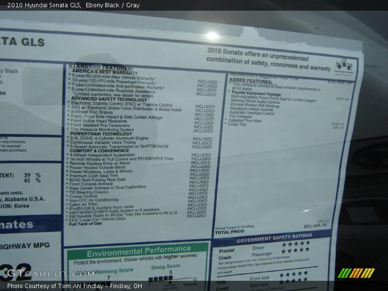 Ebony Black / Gray 2010 Hyundai Sonata GLS