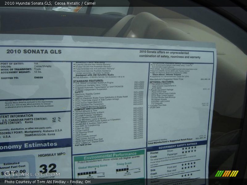 Cocoa Metallic / Camel 2010 Hyundai Sonata GLS