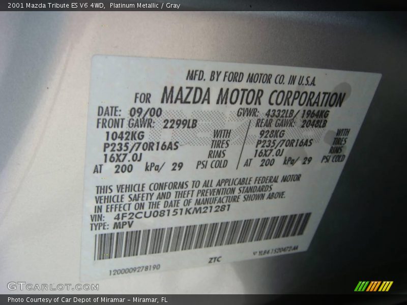 Platinum Metallic / Gray 2001 Mazda Tribute ES V6 4WD