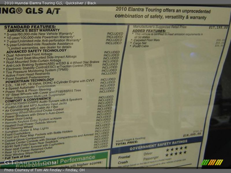  2010 Elantra Touring GLS Window Sticker