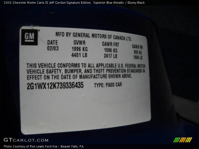 Superior Blue Metallic / Ebony Black 2003 Chevrolet Monte Carlo SS Jeff Gordon Signature Edition