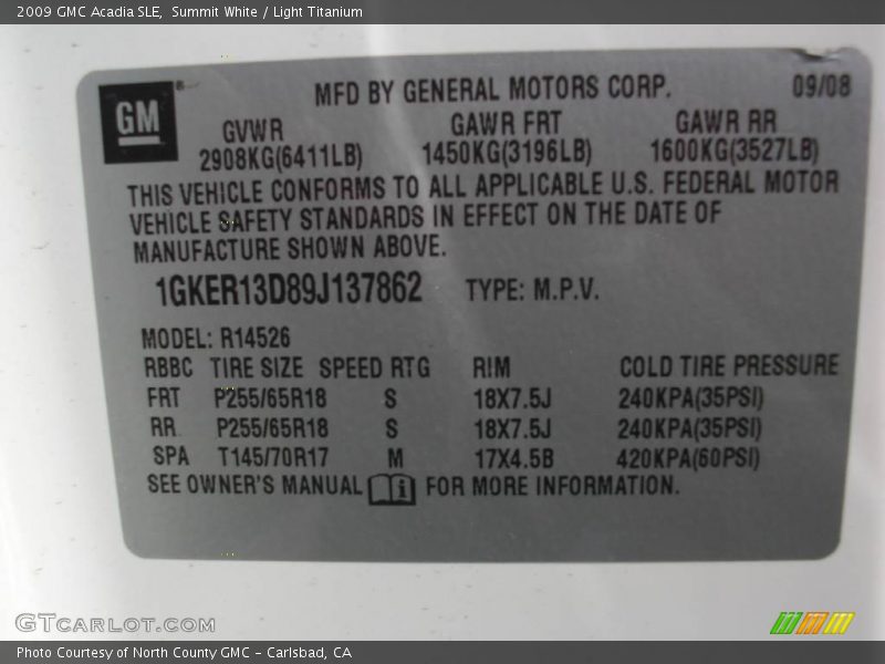 Summit White / Light Titanium 2009 GMC Acadia SLE