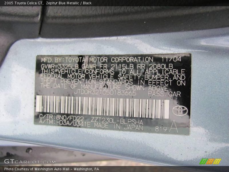 Zephyr Blue Metallic / Black 2005 Toyota Celica GT