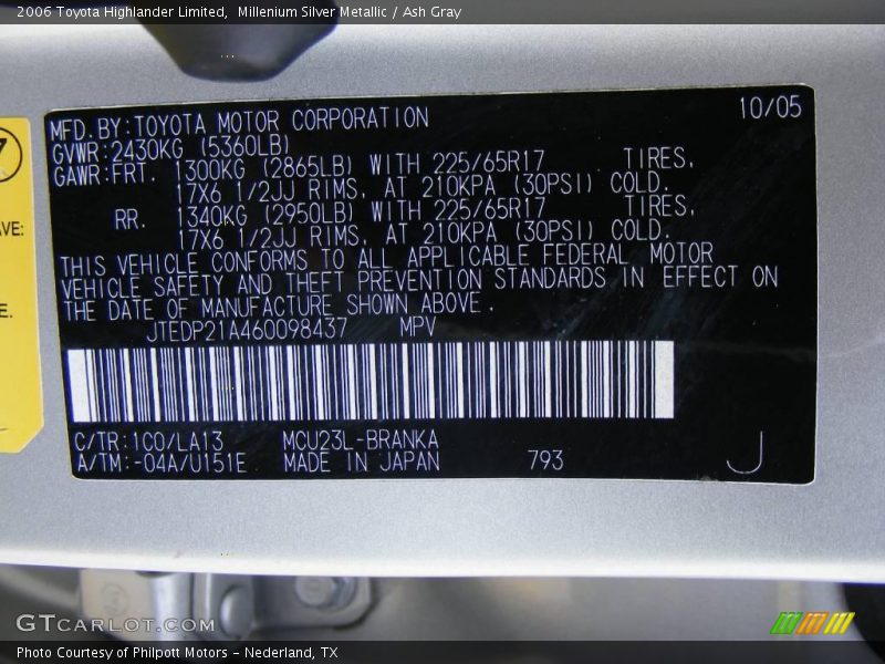 Millenium Silver Metallic / Ash Gray 2006 Toyota Highlander Limited