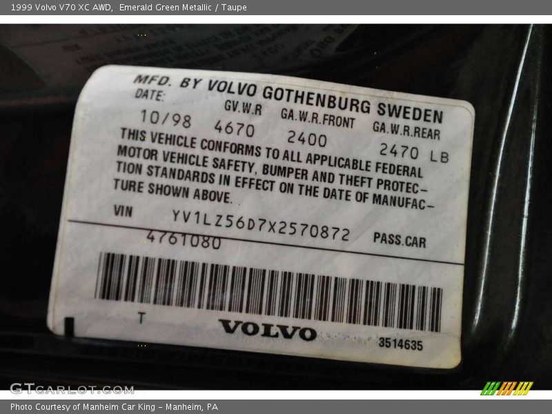 Emerald Green Metallic / Taupe 1999 Volvo V70 XC AWD