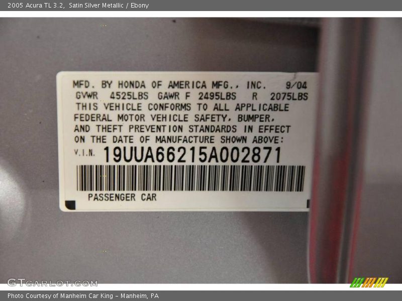 Satin Silver Metallic / Ebony 2005 Acura TL 3.2