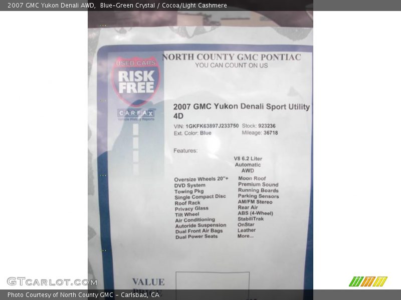 Blue-Green Crystal / Cocoa/Light Cashmere 2007 GMC Yukon Denali AWD