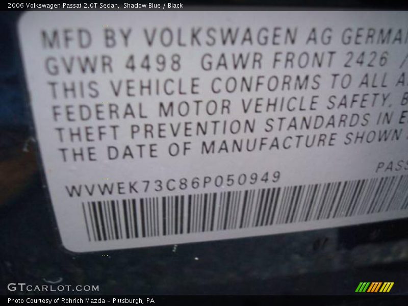 Shadow Blue / Black 2006 Volkswagen Passat 2.0T Sedan