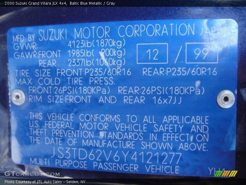 Baltic Blue Metallic / Gray 2000 Suzuki Grand Vitara JLX 4x4