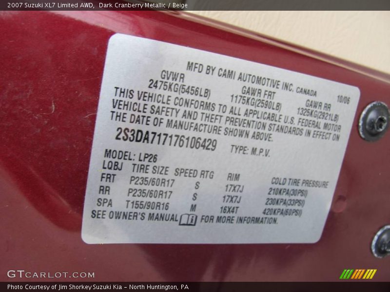 Dark Cranberry Metallic / Beige 2007 Suzuki XL7 Limited AWD