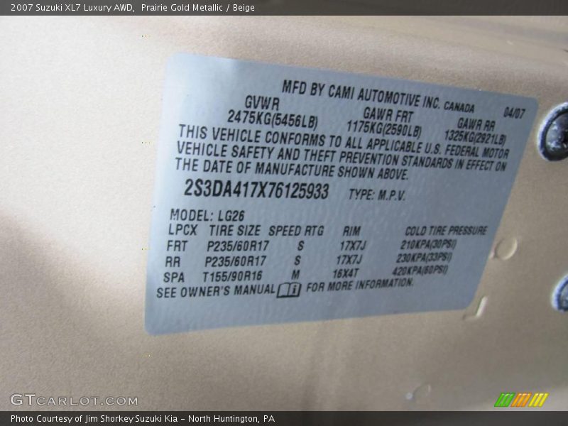 Prairie Gold Metallic / Beige 2007 Suzuki XL7 Luxury AWD