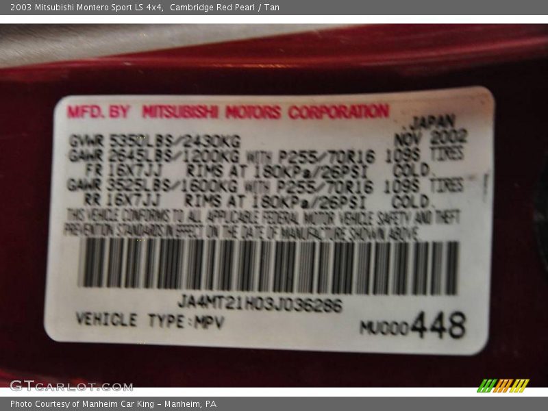 Cambridge Red Pearl / Tan 2003 Mitsubishi Montero Sport LS 4x4