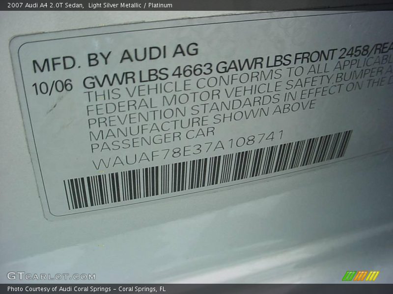 Light Silver Metallic / Platinum 2007 Audi A4 2.0T Sedan
