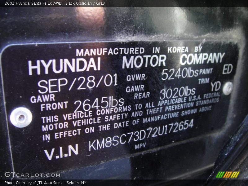 Black Obsidian / Gray 2002 Hyundai Santa Fe LX AWD
