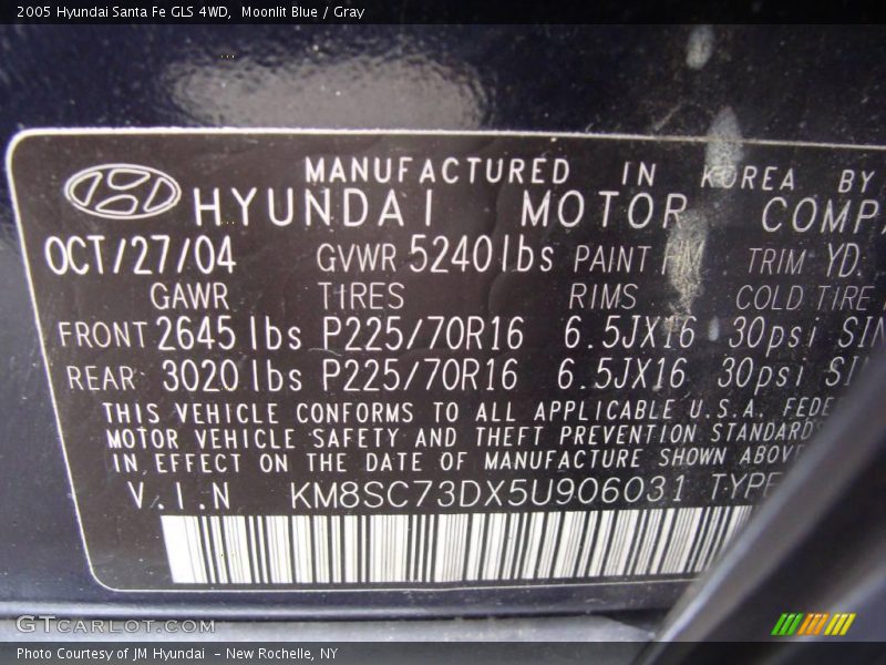 2005 Santa Fe GLS 4WD Moonlit Blue Color Code HM