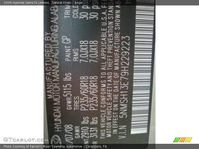 2009 Santa Fe Limited Natural Khaki Color Code GP