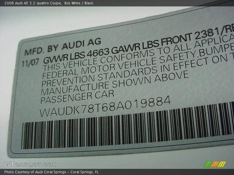 Ibis White / Black 2008 Audi A5 3.2 quattro Coupe