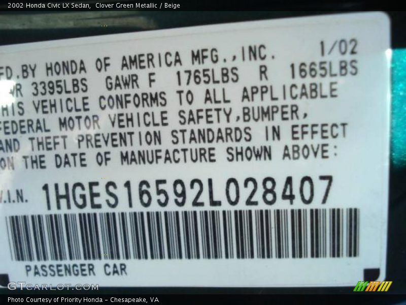 Clover Green Metallic / Beige 2002 Honda Civic LX Sedan