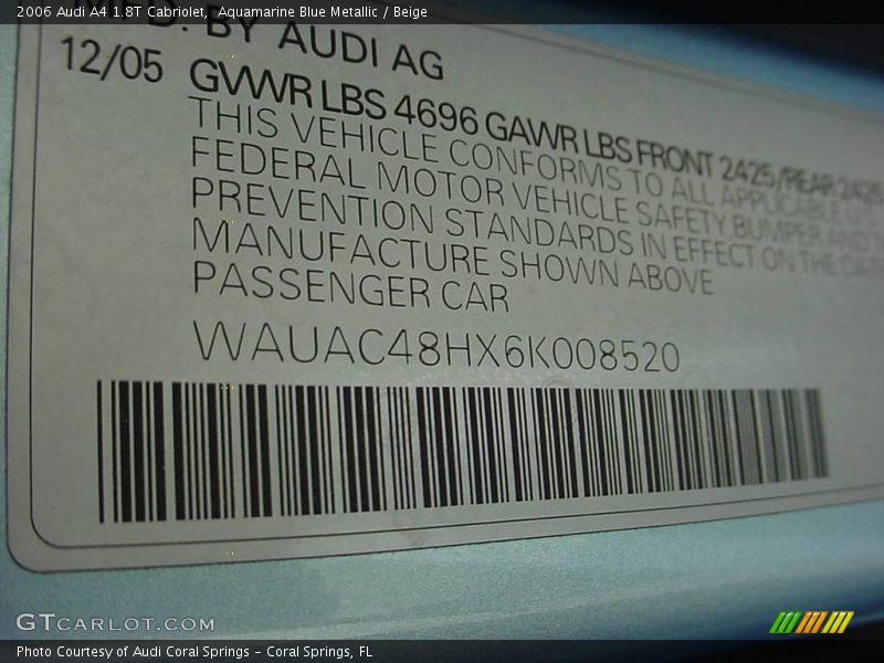 Aquamarine Blue Metallic / Beige 2006 Audi A4 1.8T Cabriolet