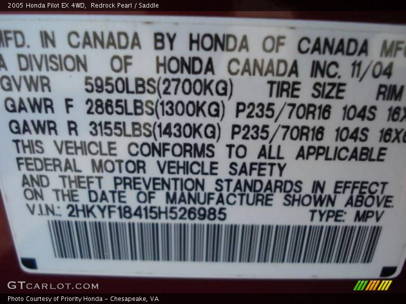 Redrock Pearl / Saddle 2005 Honda Pilot EX 4WD