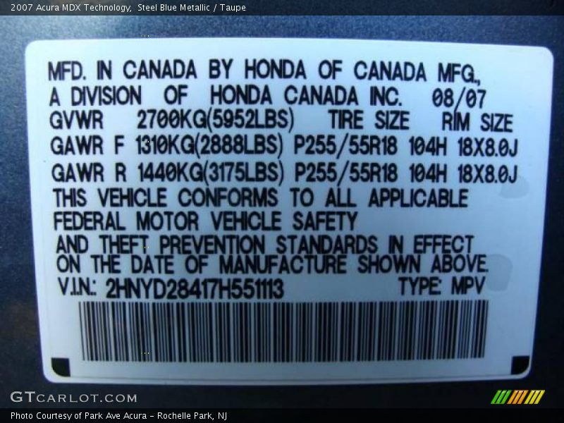 Steel Blue Metallic / Taupe 2007 Acura MDX Technology