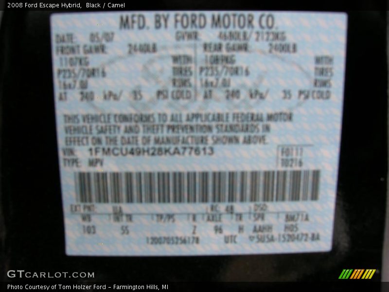 Black / Camel 2008 Ford Escape Hybrid