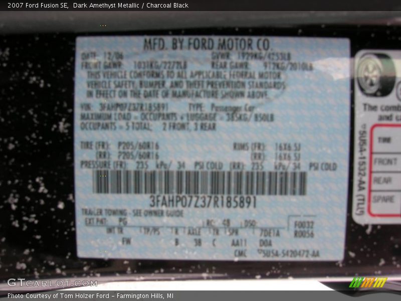 Dark Amethyst Metallic / Charcoal Black 2007 Ford Fusion SE