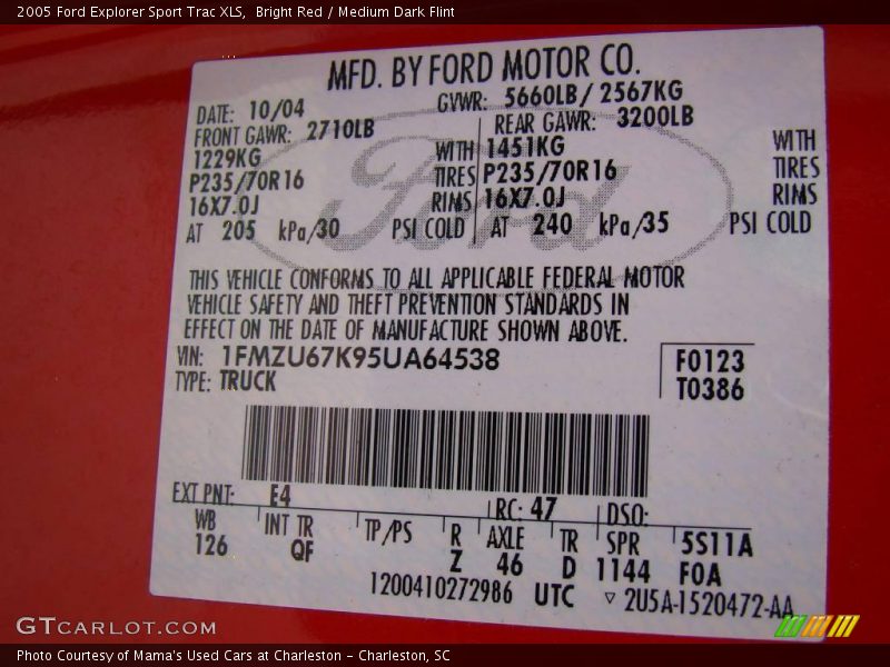 Bright Red / Medium Dark Flint 2005 Ford Explorer Sport Trac XLS