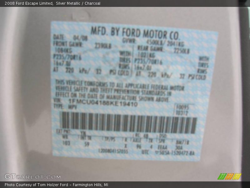 Silver Metallic / Charcoal 2008 Ford Escape Limited