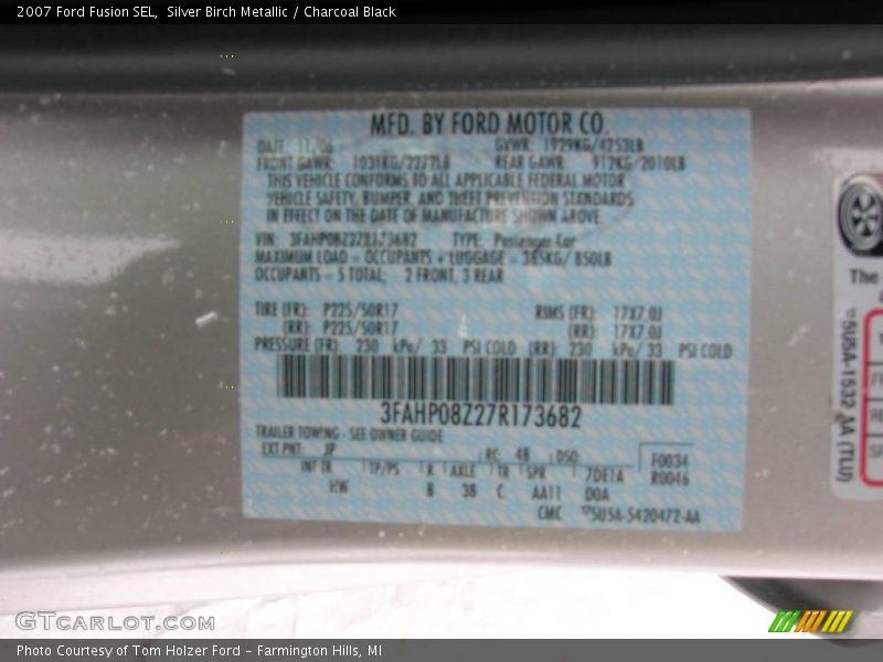Silver Birch Metallic / Charcoal Black 2007 Ford Fusion SEL