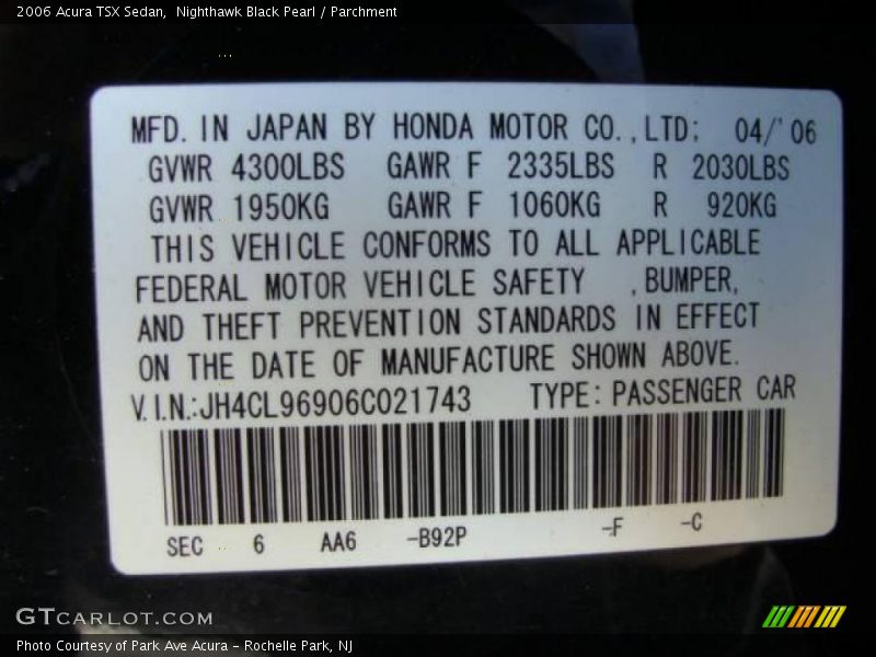 Nighthawk Black Pearl / Parchment 2006 Acura TSX Sedan