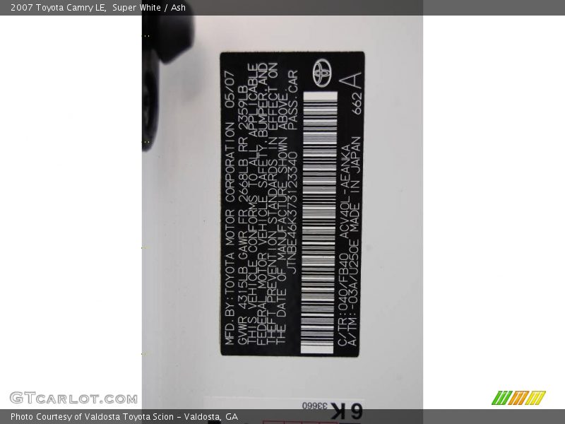 Super White / Ash 2007 Toyota Camry LE