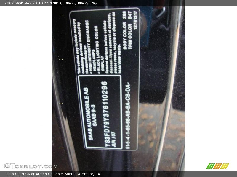 Black / Black/Gray 2007 Saab 9-3 2.0T Convertible