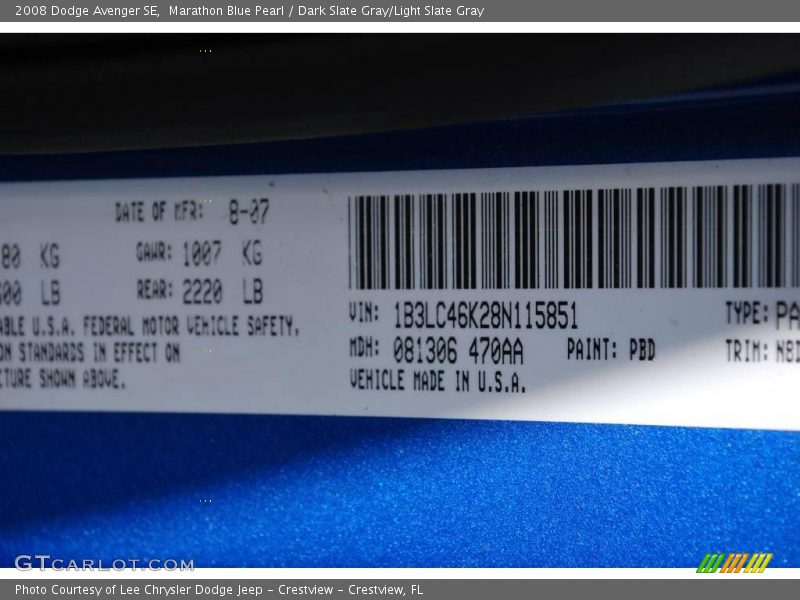 Marathon Blue Pearl / Dark Slate Gray/Light Slate Gray 2008 Dodge Avenger SE