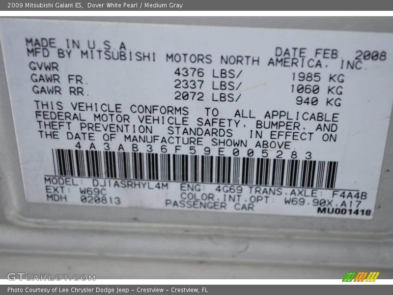 Dover White Pearl / Medium Gray 2009 Mitsubishi Galant ES