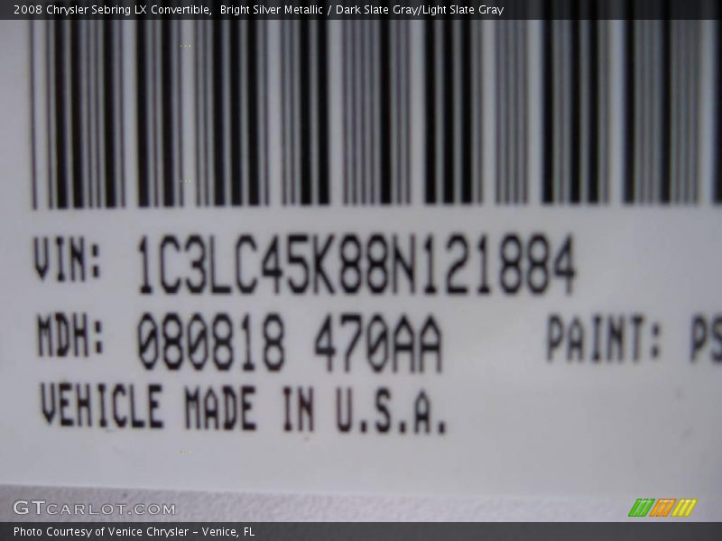 Bright Silver Metallic / Dark Slate Gray/Light Slate Gray 2008 Chrysler Sebring LX Convertible