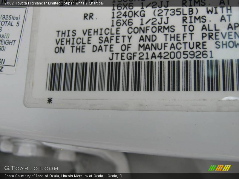 Super White / Charcoal 2002 Toyota Highlander Limited
