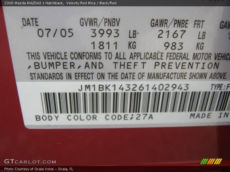 Velocity Red Mica / Black/Red 2006 Mazda MAZDA3 s Hatchback