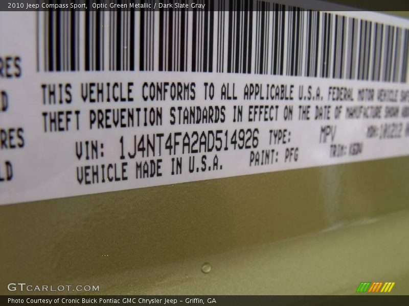 Optic Green Metallic / Dark Slate Gray 2010 Jeep Compass Sport