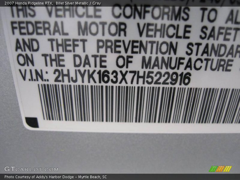 Billet Silver Metallic / Gray 2007 Honda Ridgeline RTX