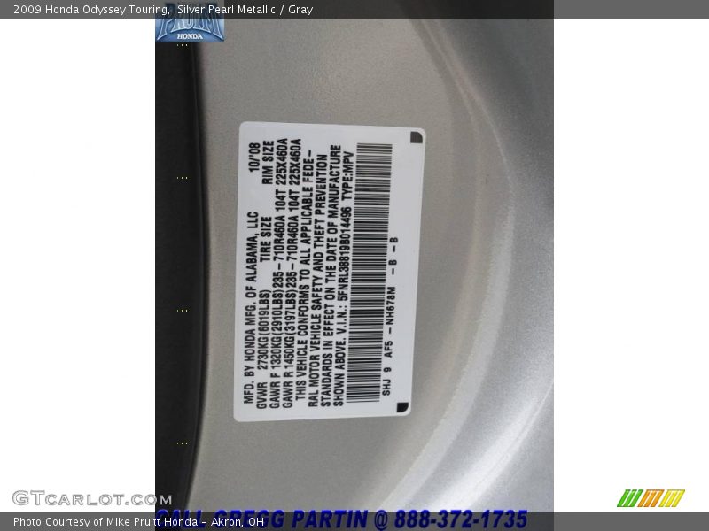 Silver Pearl Metallic / Gray 2009 Honda Odyssey Touring