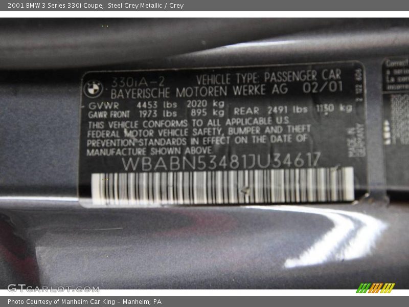 Steel Grey Metallic / Grey 2001 BMW 3 Series 330i Coupe