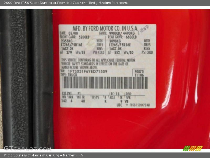 Red / Medium Parchment 2000 Ford F350 Super Duty Lariat Extended Cab 4x4