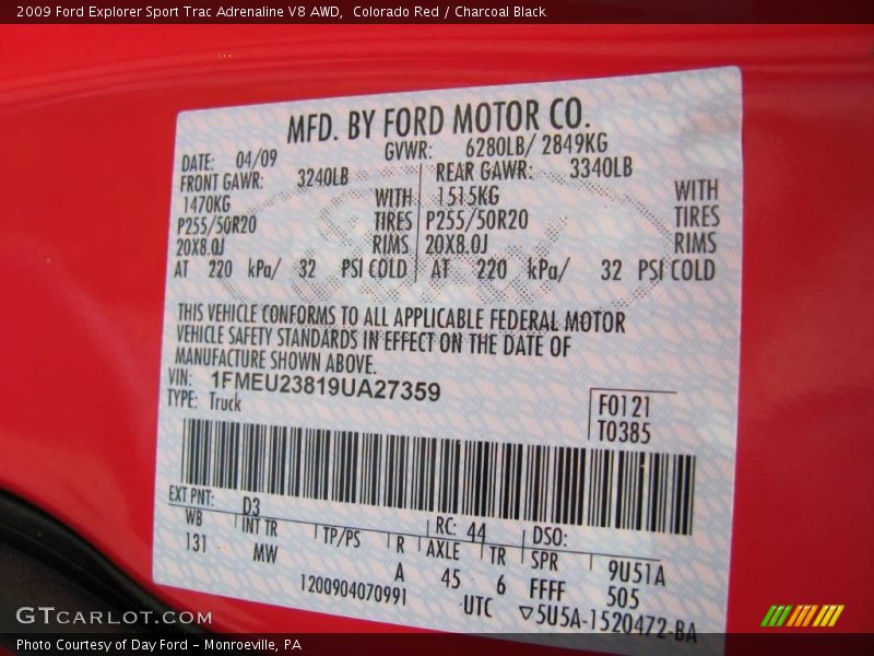 Colorado Red / Charcoal Black 2009 Ford Explorer Sport Trac Adrenaline V8 AWD