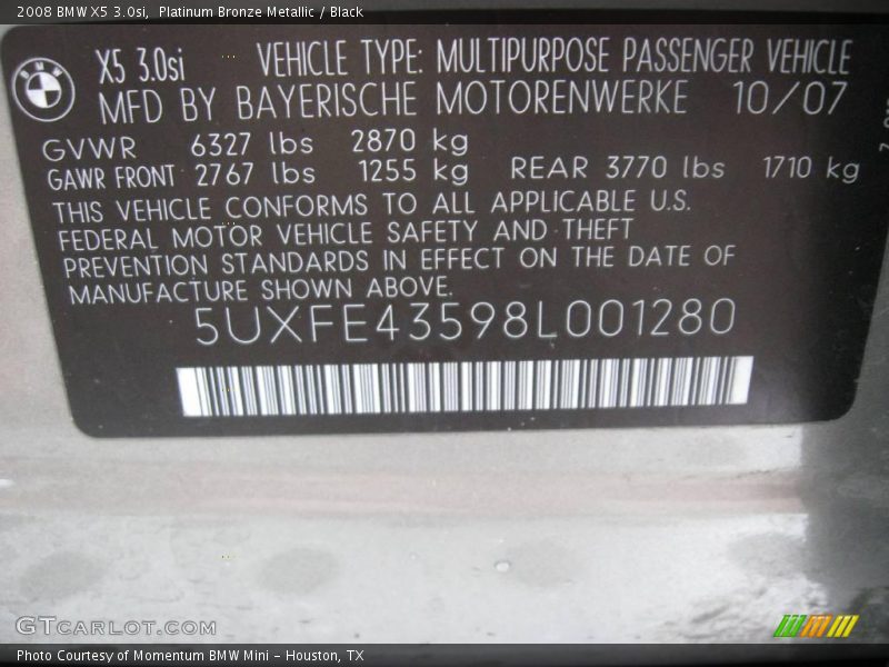 Platinum Bronze Metallic / Black 2008 BMW X5 3.0si