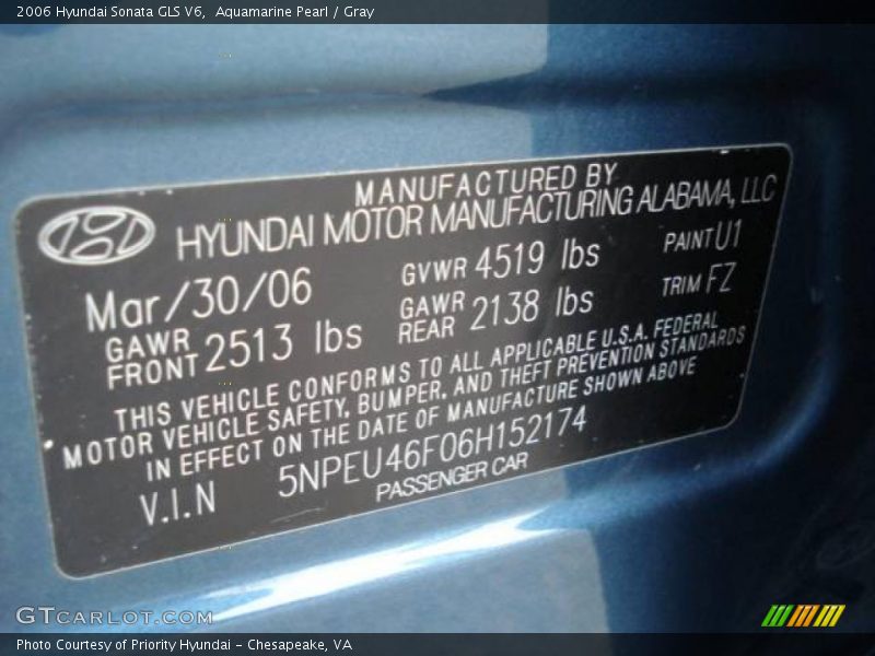 Aquamarine Pearl / Gray 2006 Hyundai Sonata GLS V6